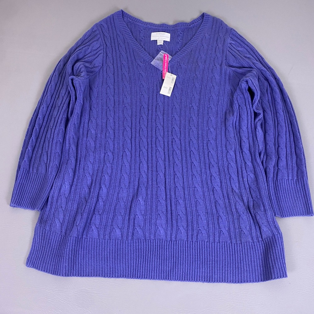 Avenue Sweater Women's Plus Size 26/28‎ Purple Cable Knit V-Neck New w/ Tags